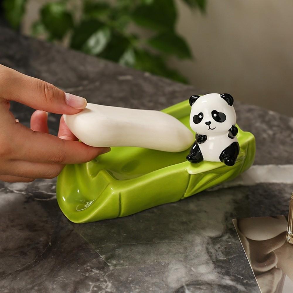 No Punching Ceramic Self Draining Soap Holder Bamboo Cute Panda Soap Dish with Drain Holes Creative Soap Tray Kitchen