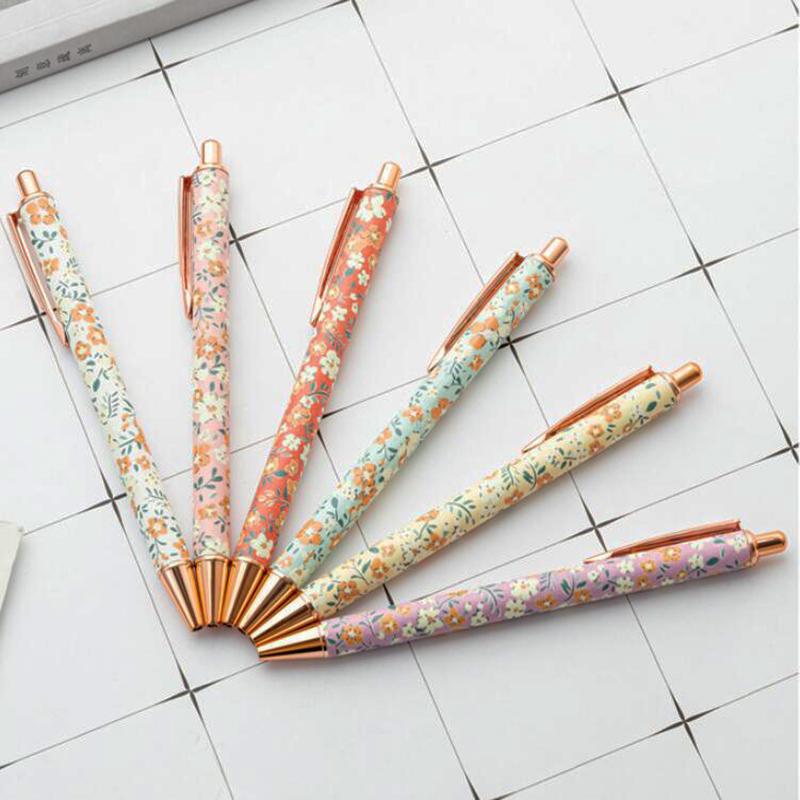 1.0mm Exquisite Flowers Ballpoint Pens Kawaii Floral Signature Pens Smooth Writing Metal Press Gel Pens Gifts Office Supplies