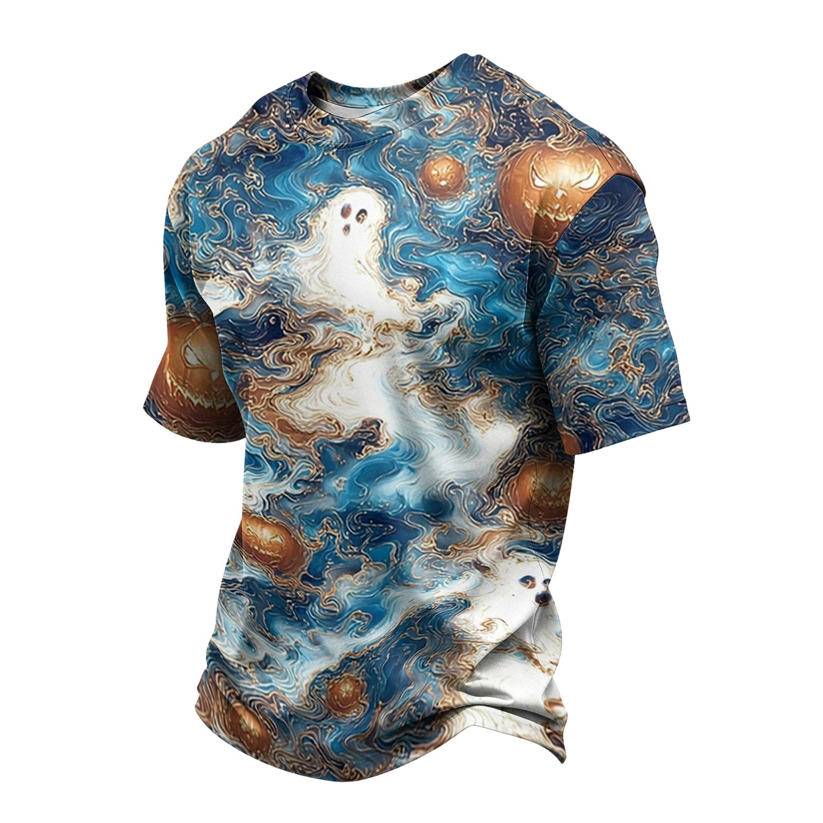 Men Casual Crew Neck Lightweight Breathable Short Sleeve Top with Halloween Inspired Printed Pattern for Daily Wear XXXL синий