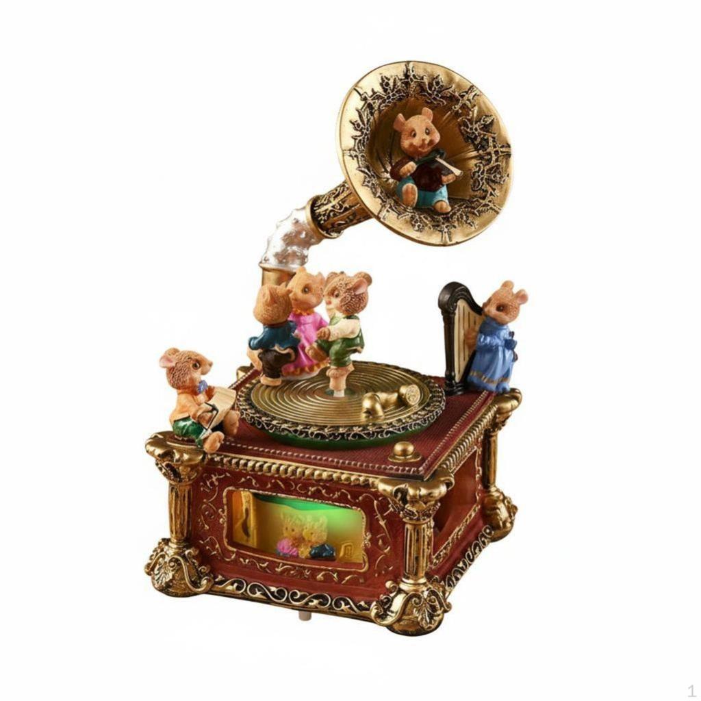 Vintage Gramophone Music Box, Resin Decor, Rotating Lighted, Remote Control, Birthday Gift for Girls