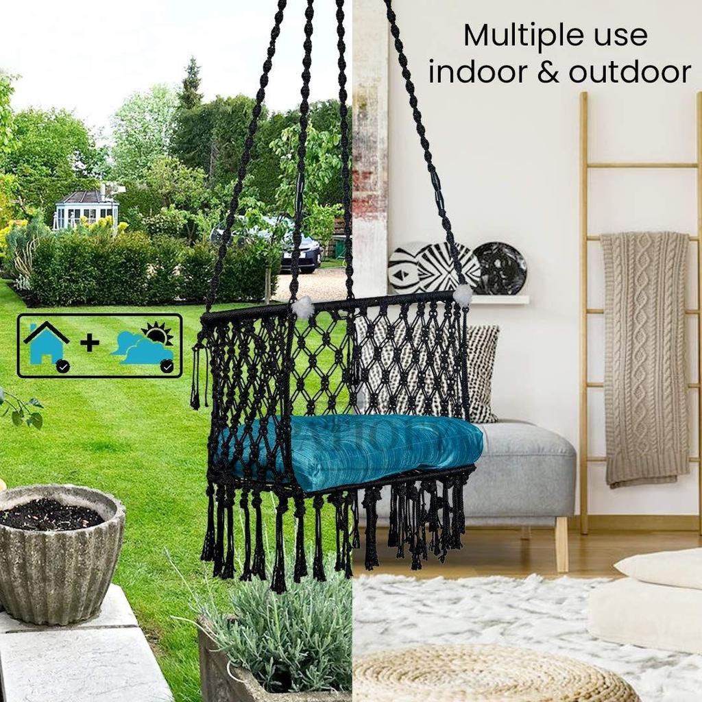 Premium Cotton C-Swing Chair dla dorosłych, dziecięcy hamak-wiszący fotel z niebieską poduszką i akcesoriami (Czarno-niebieski)