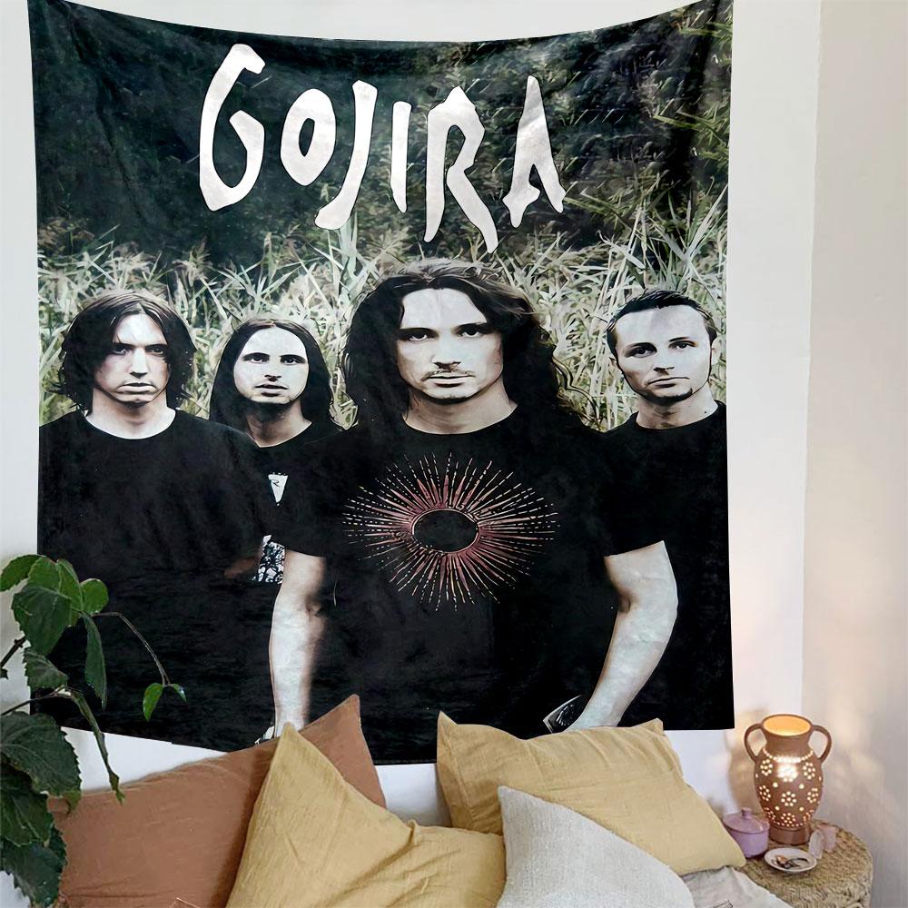 Four men in black shirts standing outdoors with "Gojira" text above. Patterned tapestry for bedroom and living room home decor