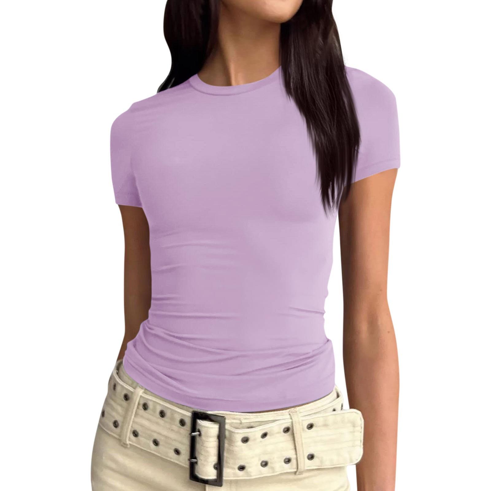 

Женская однотонная сексуальная симпатичная футболка с коротким рукавом, облегающая облегающая футболка с укороченным топом L