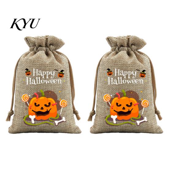 Lightweight Candy Carriers 2Pcs Halloween Pumpkin Drawstring Bags for Treats, Retro Burlap Pattern Party Favors Trick or Treat Bags, Portable