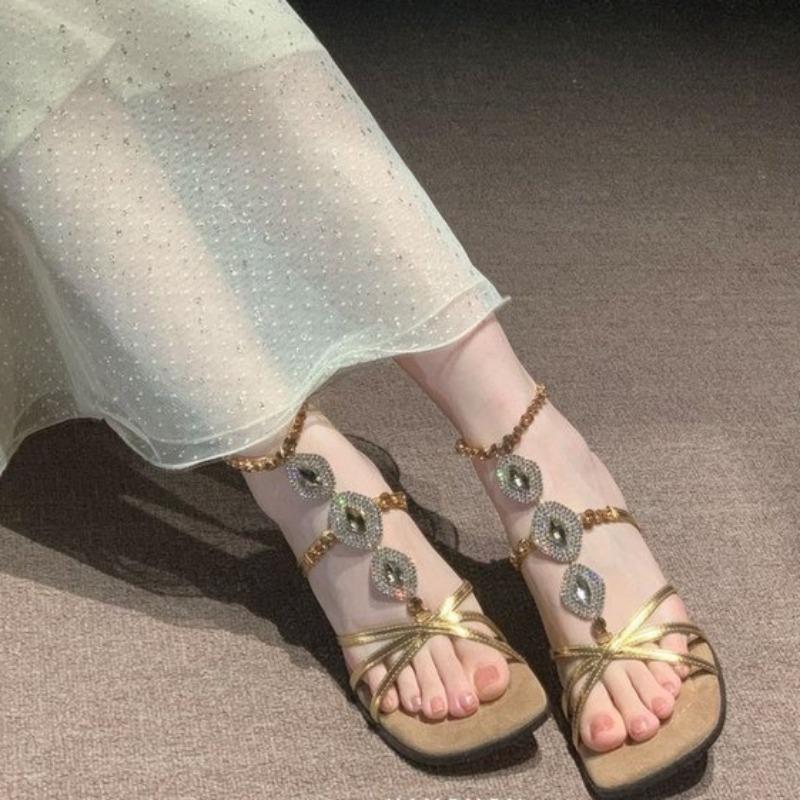 Fashion Rhinestone Sandals Women's Summer New Temperament Outside Fashion Metal One-word Buckle Stiletto High Heels