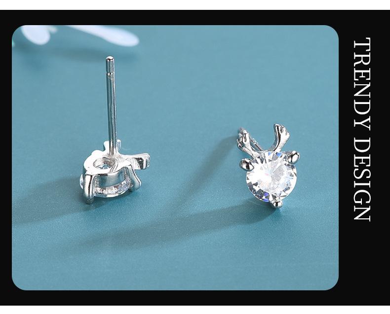 Banyan Tree S925 Silver Deer Antler Diamond Earrings - Korean Style Cute Elk Design for Women