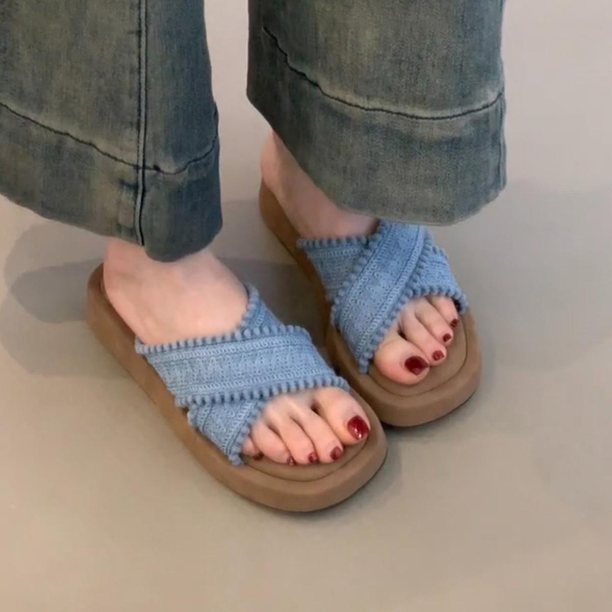 

Vintage vacation style woven cross belt thick-bottomed cool slippers women s gentle outer slippers 35