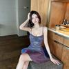 Spice girl sexy big halter shiny dress low cut dancing holiday suspender skirt night work clothes summer