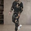 Men Plus Size White Printed Two Piece Set Round Neck Long Sleeve Top Cuffed Pants With Pockets