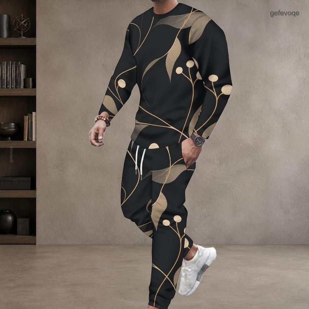 Men Plus Size White Printed Two Piece Set Round Neck Long Sleeve Top Cuffed Pants With Pockets