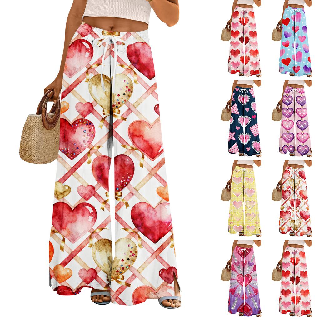 Pantaloni largi cu talie înaltă pentru femei, stil boho de vară, stil palazzo, cu imprimeu, casual, cu buzunare