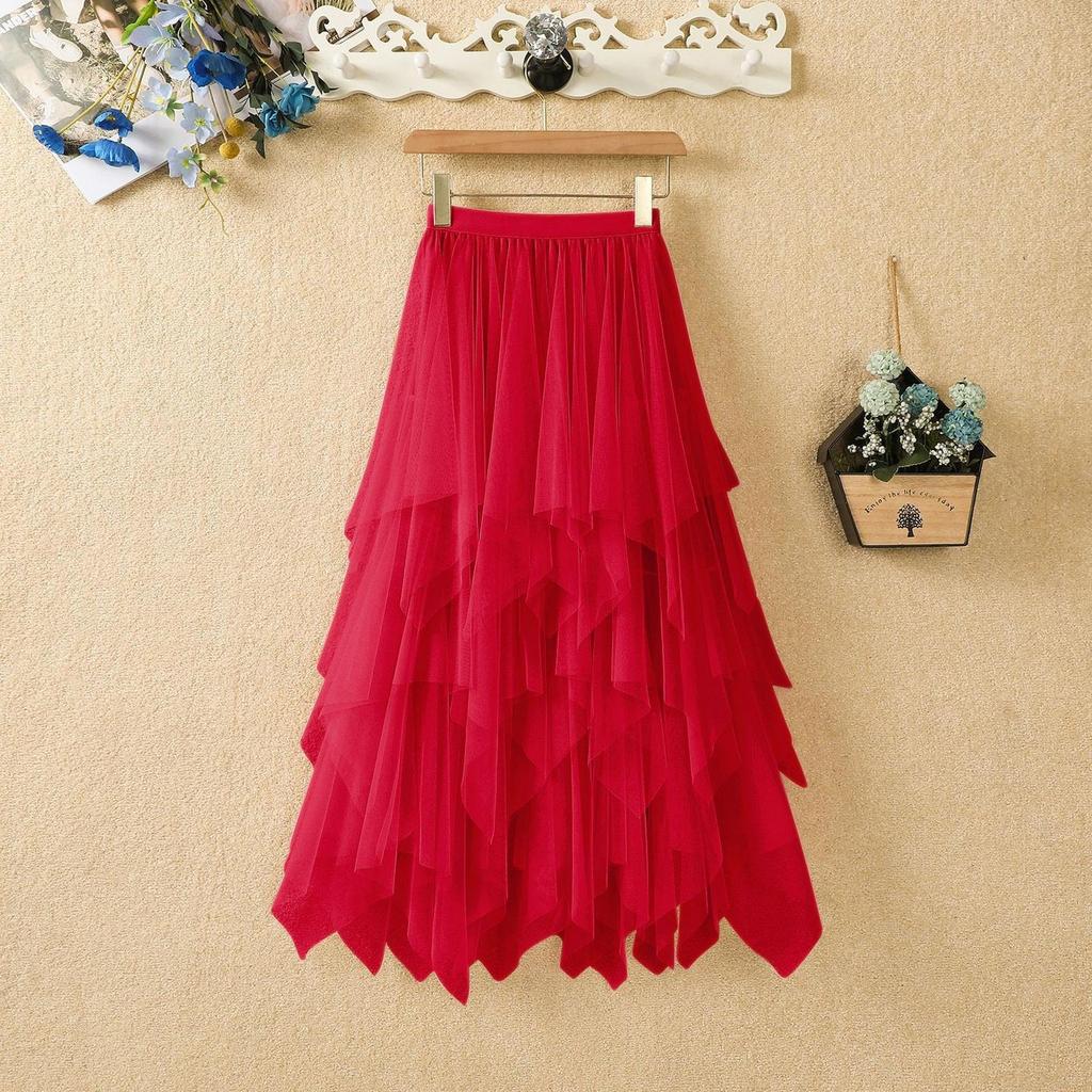 Women's Irregular Mesh Midi Skirt, High,waisted Versatile Half Skirt