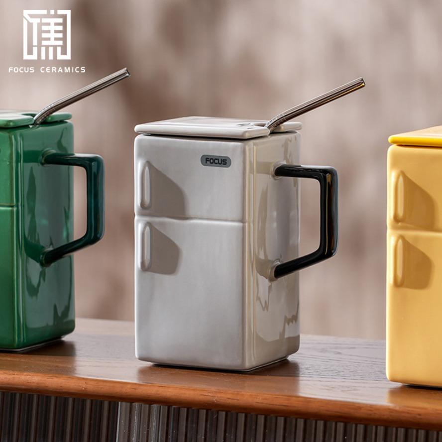 Creative Retro Refrigerator Ceramic Cup with Lid Straw Funny Office Couple Gift Coffee Mug
