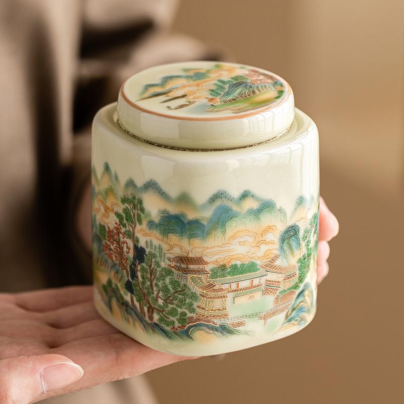 Simple Ceramic Mountain Water Tea Caddy with Lid Sealed Candy Jar Household Multi-functional Coffee Bean Nut Powder Storage Box