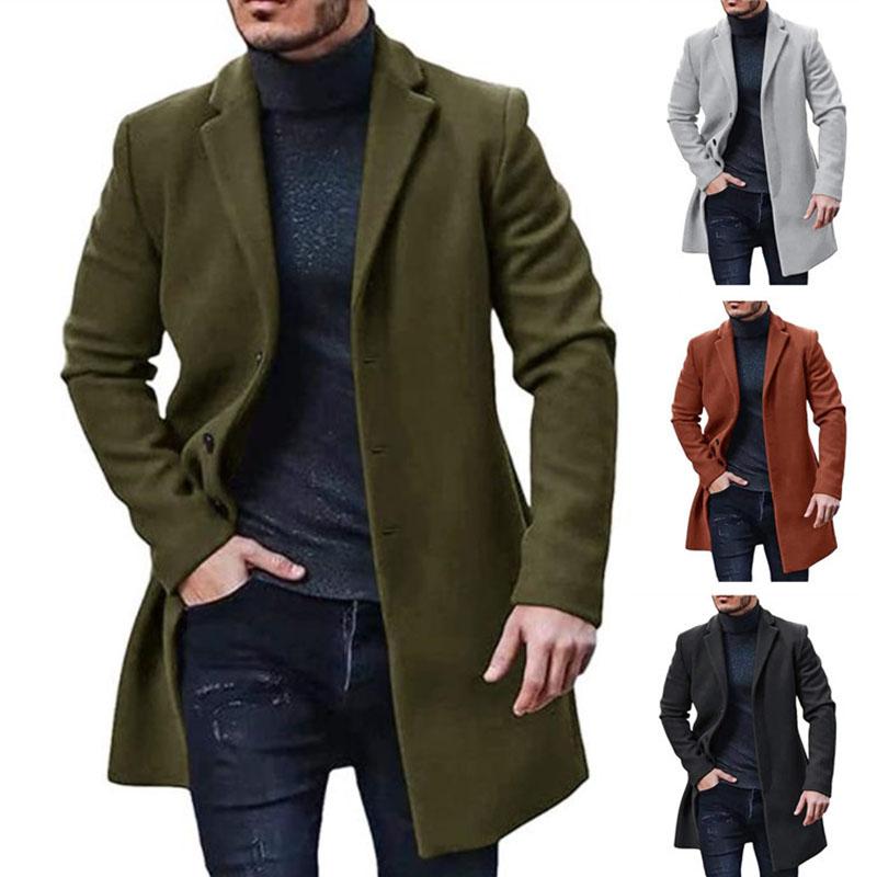 Men Winter Solid Color Suit Coat Lapel Long Sleeve Flap Pockets Single Breasted Mid Length Warm Jacket Overcoat