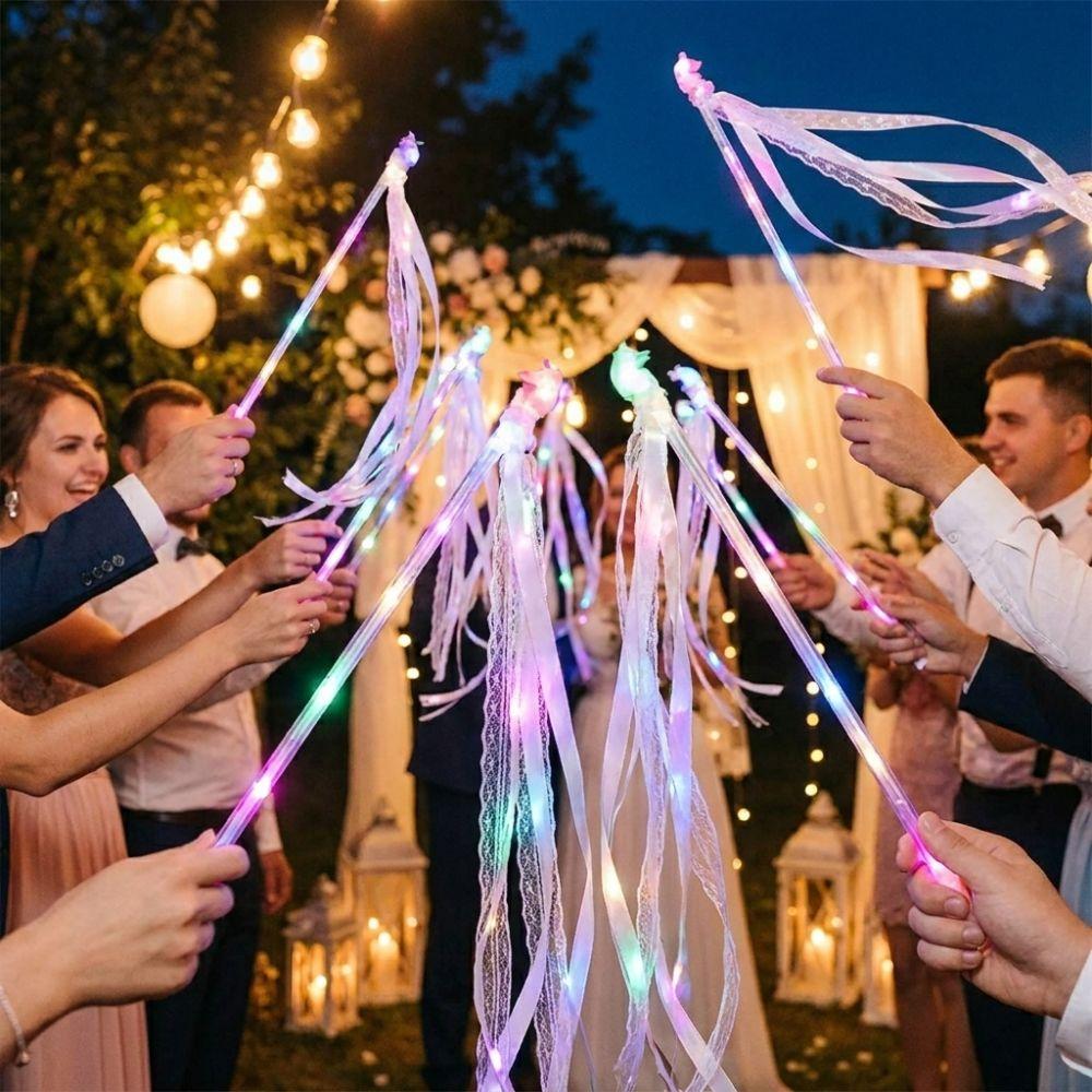 5PCS Lace Streamers Wedding Ribbon Glow Wands Glow Flash with Bell LED Light Up Fairy Sticks Soft Non-Glare Lighting