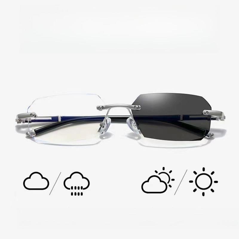 Anti Blue Light Presbyopia Diamond Trimmed Frameless Photochromic Reading Eyeglasses Glasses Fashionable Business Men Glassess