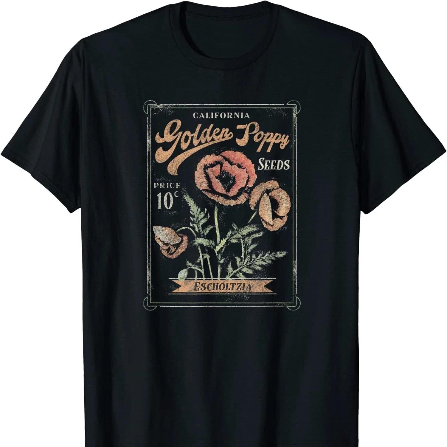 

Trendy California Golden Poppy Vintage Stamp T Shirt New 100% Cotton Short Sleeve O-Neck T-shirt Casual Mens Top S чёрный