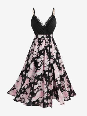 Rosegal Plus Size Floral Printed Jacquard Split Surplice Glitter Buckle A Line Cami Dress(Adjustable Shoulder Strap)