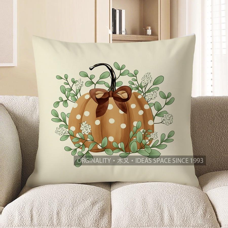 

Home Decor Autumn Pumpkins with Bows and Heart Design Pattern Cushion Cover Suitable for Sofa Bedroom Car Pillow Cover 40x40cm