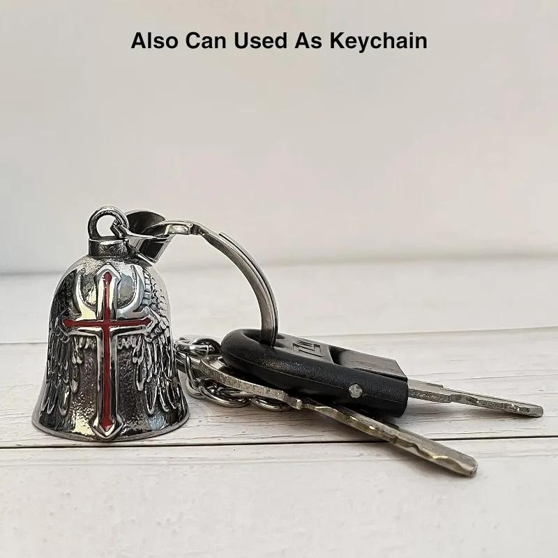 Angel Wing Guardian Bell Motorcycle Lucky Charm Retro Punk Knight Cross Pendant Black Metal Biker Accessory Evil Eye Protector