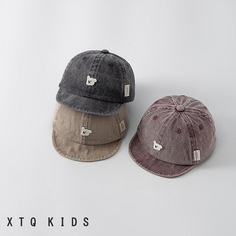 Infant Duckbill Denim Baseball Cap with Soft Brim - Adorable Bear Design Sun Hat for Babies