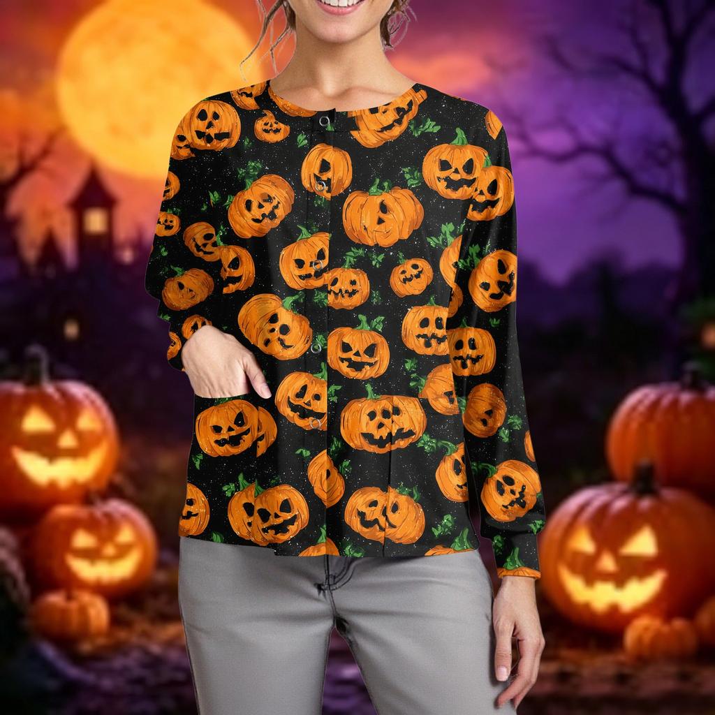 Women's Casual Long Sleeve Single Breasted Cardigan Halloween Print Medical Scrub Top Button Down Pullover Shirt
