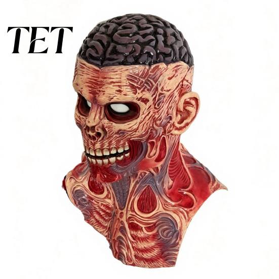 Realistic Brain Flesh Details Scary Zombie Head Masque, Adults Horror Latex Full Hood Coverage Face Masque Creepy Skeleton Halloween Costume