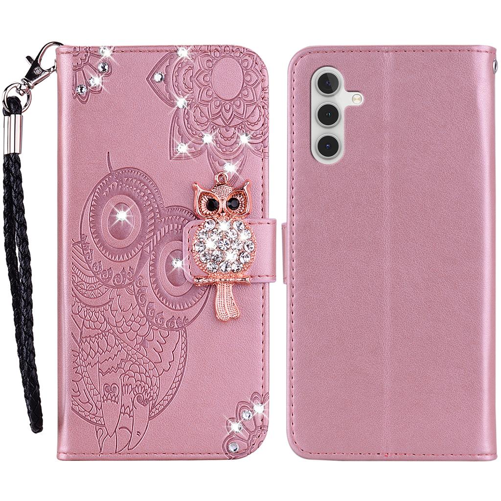 For Samsung Galaxy S24 FE Wallet Case Owl Flower Imprinted Rhinestone Leather Cover