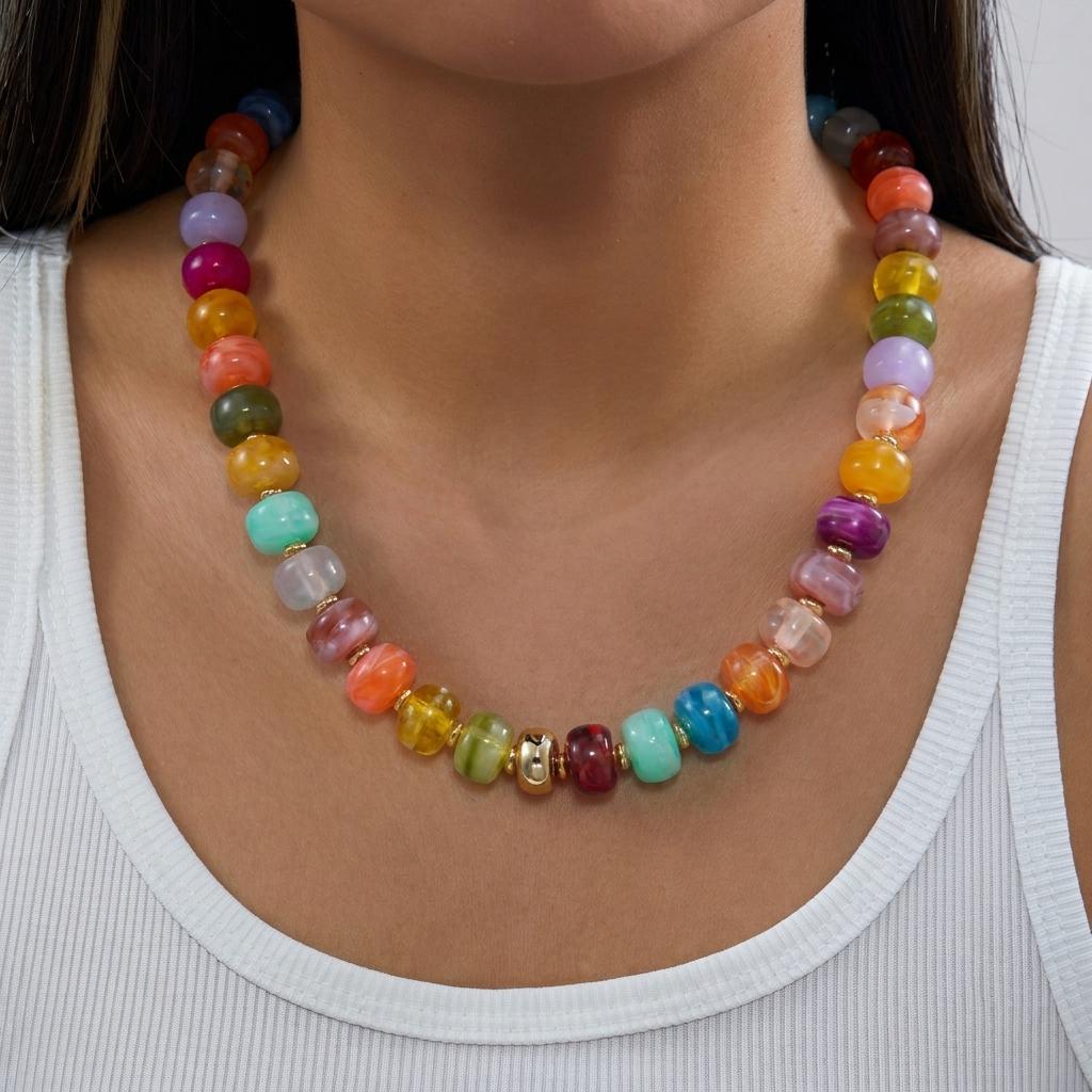 Boho Colorful Acrylic Beaded Necklace For Women Candy Color Chunky Round Resin Beads Choker Beach Vacation Seaside Daily Jewelry