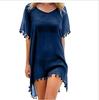 Summer Chiffon Tassels Beach Dress Women Swimwear Bikini Cover Up Female Mini Loose Solid Pareo Tops Swimsuit