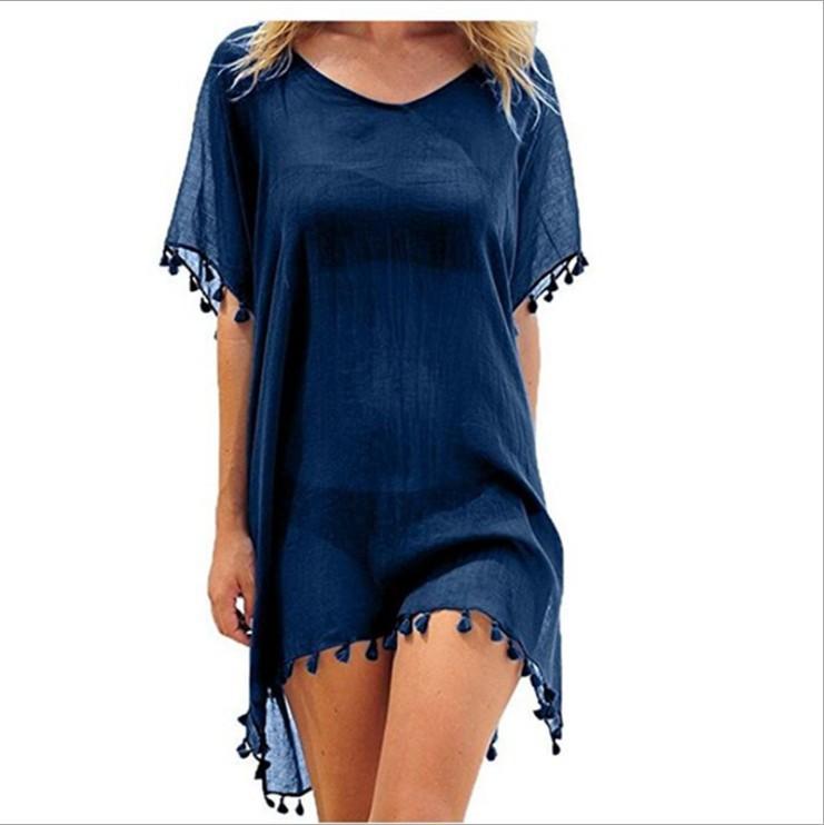 Summer Chiffon Tassels Beach Dress Women Swimwear Bikini Cover Up Female Mini Loose Solid Pareo Tops Swimsuit