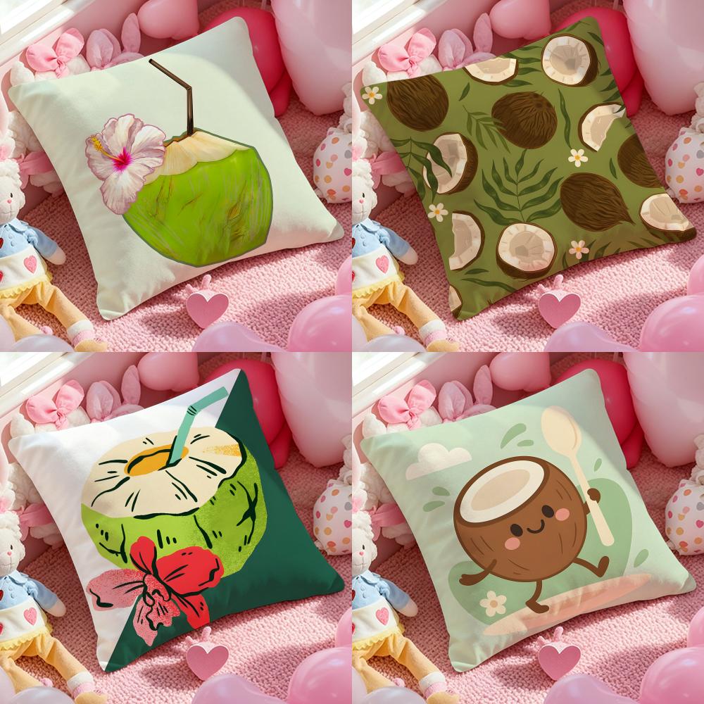 Art Coconut Illustration Cushion Cover Antidustmite Pillowcase Invisible Zipper Silky Short Plush Sofa Cushion Cover