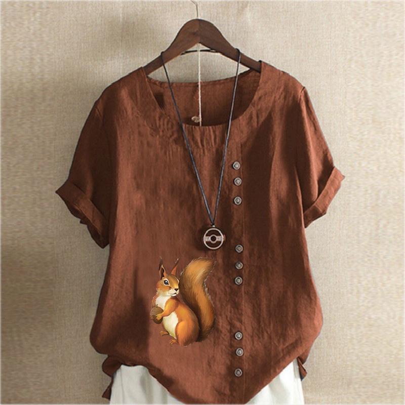 Women's Fashion Round Neck Short Sleeve T-shirt Casual Cotton Linen Graphic Shirt Leisure Loose Squirrel Prined Summer Blouse Tops
