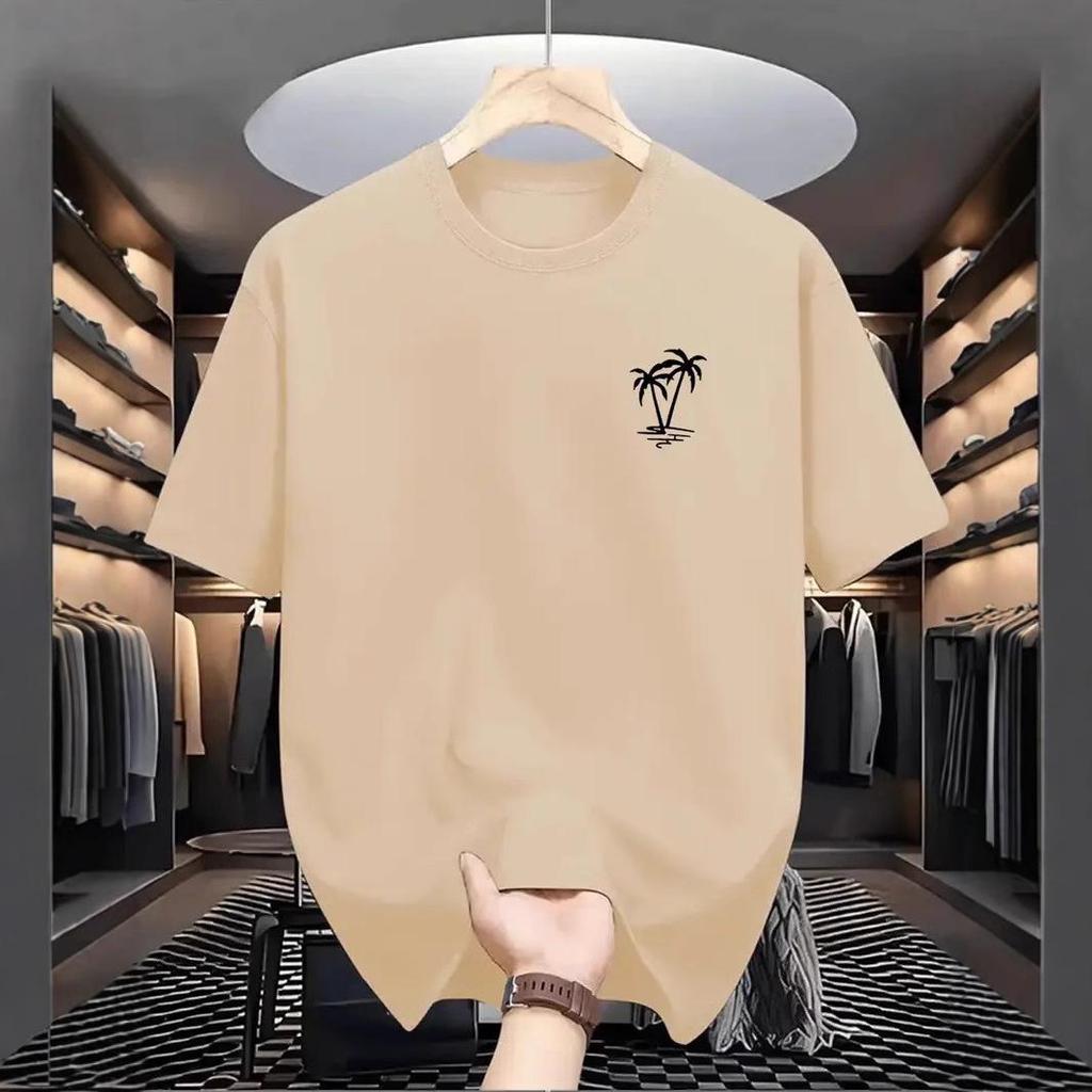 Men's Summer Coconut Tree Vacation T-Shirt, 230g Heavyweight Pure Cotton, Round Neck, Short Sleeve, Casual Style.