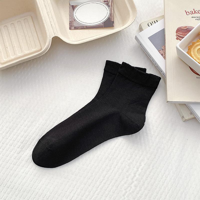 Maulbeerseide Socken Damen Frühling und Sommer Dünn Netz Atmungsaktiv Mittellange Socken Japanisch JK Einfarbige Vielseitige Knochenlose Stapelsocken One size fits all [one pack]*3Pcs schwarz