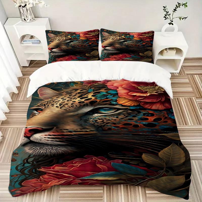 3pcs Leopard Floral Print Duvet Cover Set -Includes 1 Duvet Cover and 2 Pillowcases, No Quilt Core, All-Season Home Decor  Yy251111164