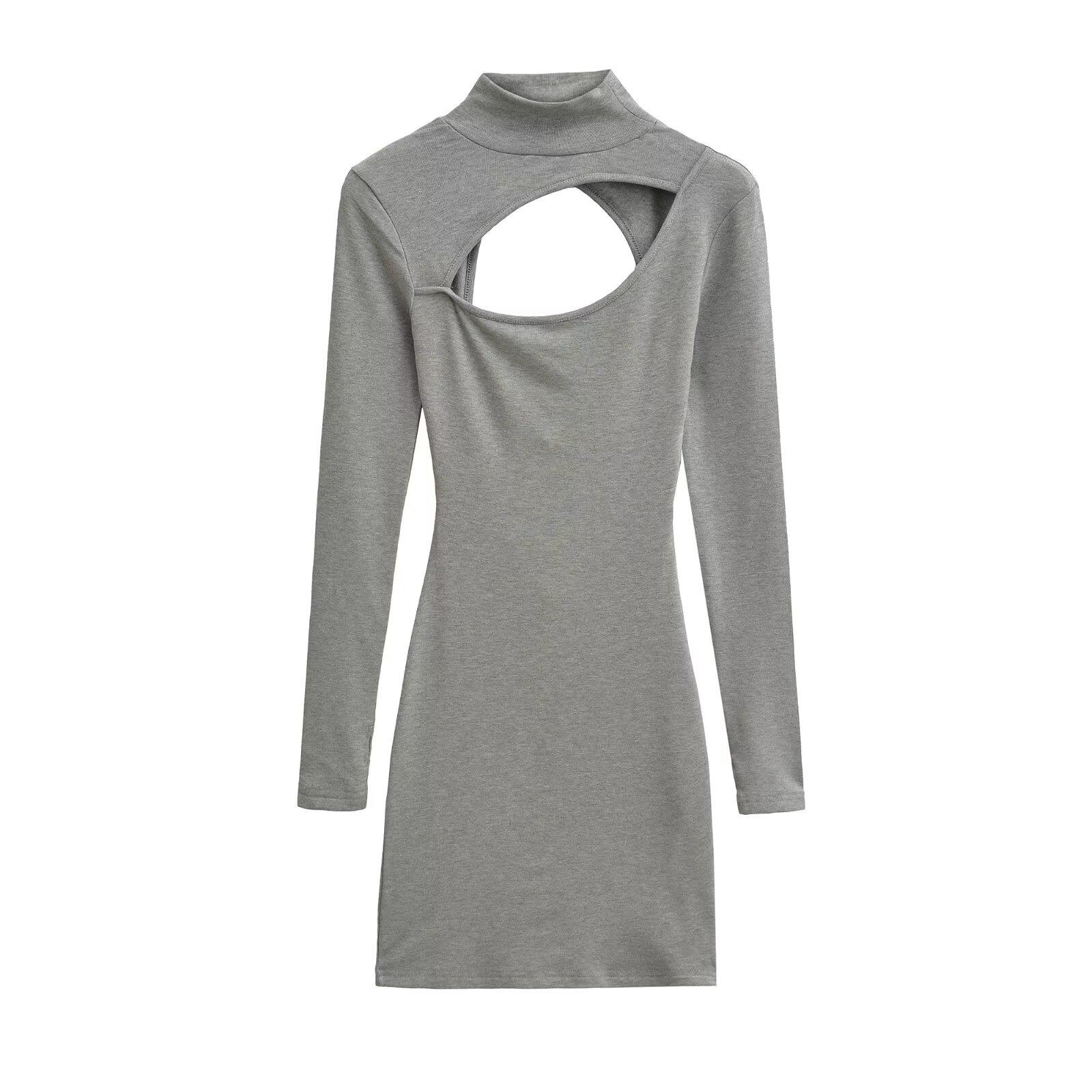 

Trendy Women s Sexy Cut-out Long Sleeve Bodycon Dress with Turtleneck and Slim Waist Small светло-серый