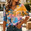 Damen Lässiges Hawaiian-Print-Hemd mit V-Ausschnitt, 3/4-Ärmel, Leichte Sommerbluse, Locker geschnittenes Oberteil für den Alltag