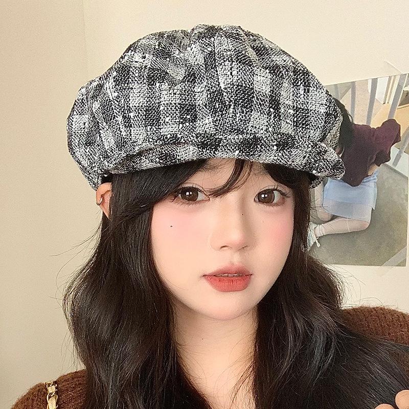 Autumn Japanese Retro Versatile Houndstooth Beret Sweet and Fashionable High End Octagonal Hat Big Head Circumference Showing Small Face