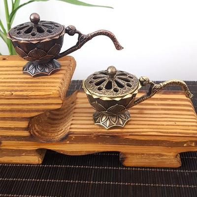 Room Decor Alloy Lotus Hand Stove Small Retro Copper Brass Incense Holder Hollow Out With Cover Incense Burner Sandalwood