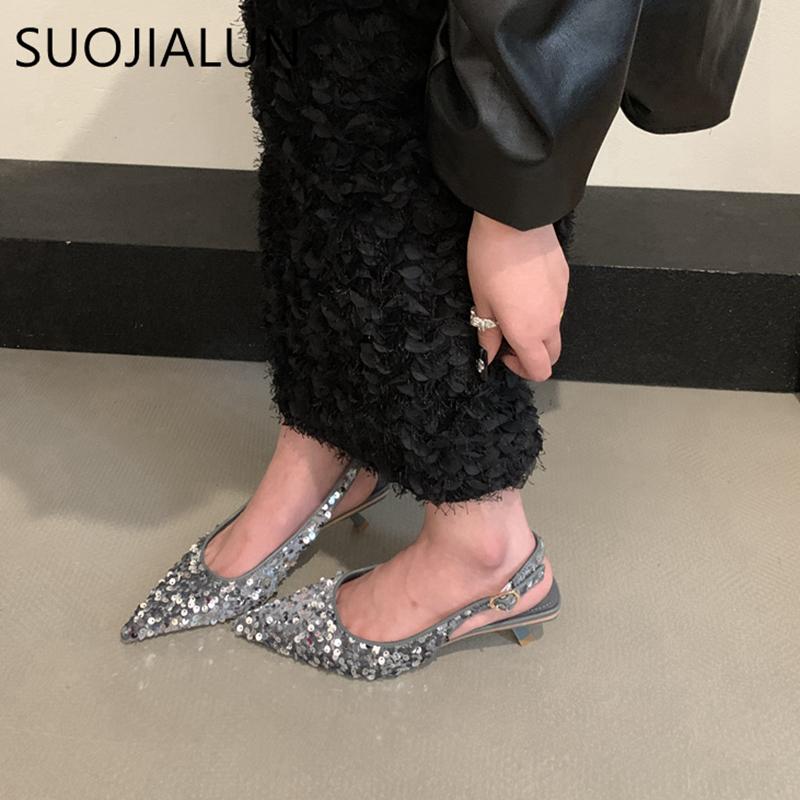 Fashion SUOJIALUN 2025 New Bling Women Sandal Fashion Pointed Toe Shallow Slip On Ladies Elegant Slingback Shoes Med Heel Pumps Shoes