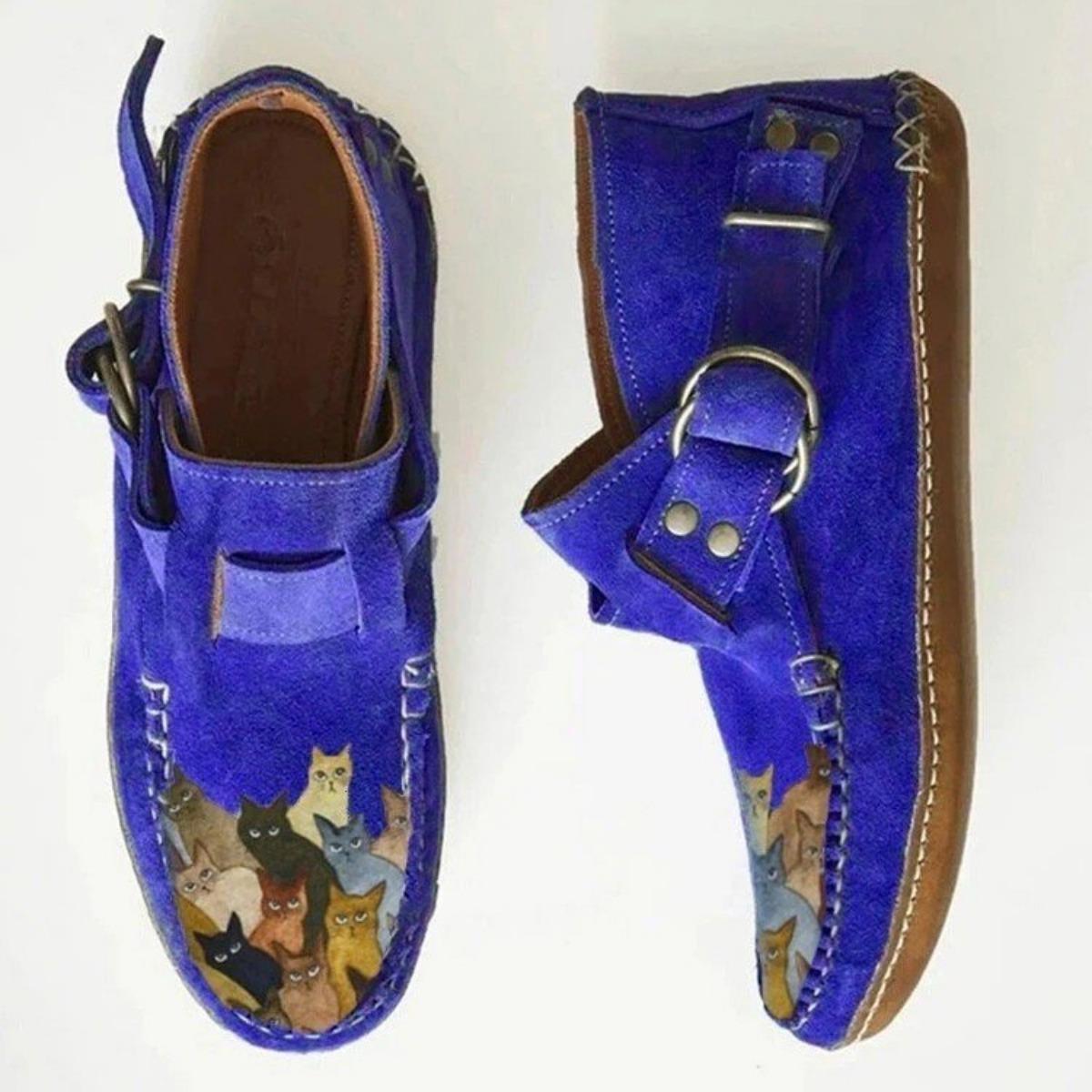 Ботинки Plover женские Comfort Cartoon Cat Printed Leather Button Casual Flat Ankle - 6 Purple 39 синий 1840₽