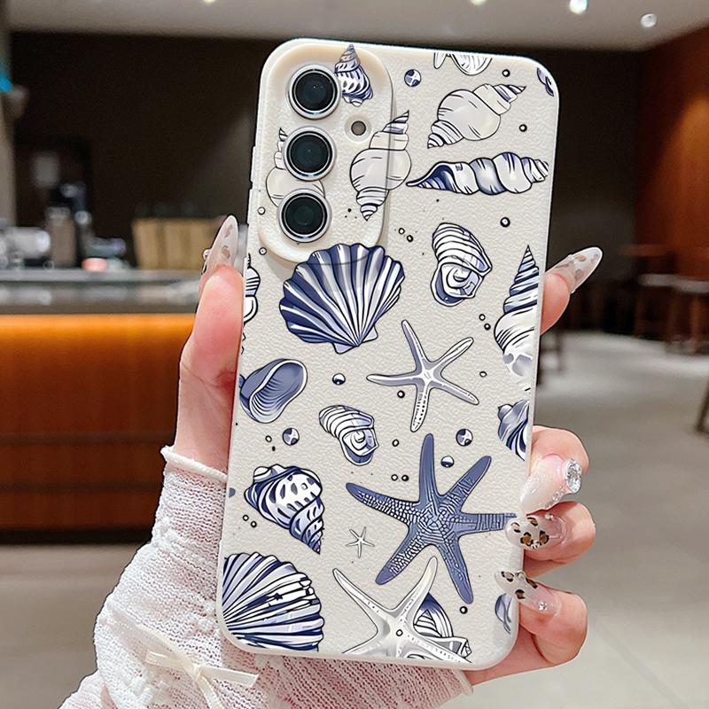 

Для Samsung S25 S24 FE S23 Ultra S22 A56 A16 A36 A55 A15 A35 Чехол Ракушка Принт Морская звезда ТПУ Кожаная текстура Мягкий Ударопрочный Тонкий Матовый Чехол для телефона Samsung A55 5G бежевый/белый