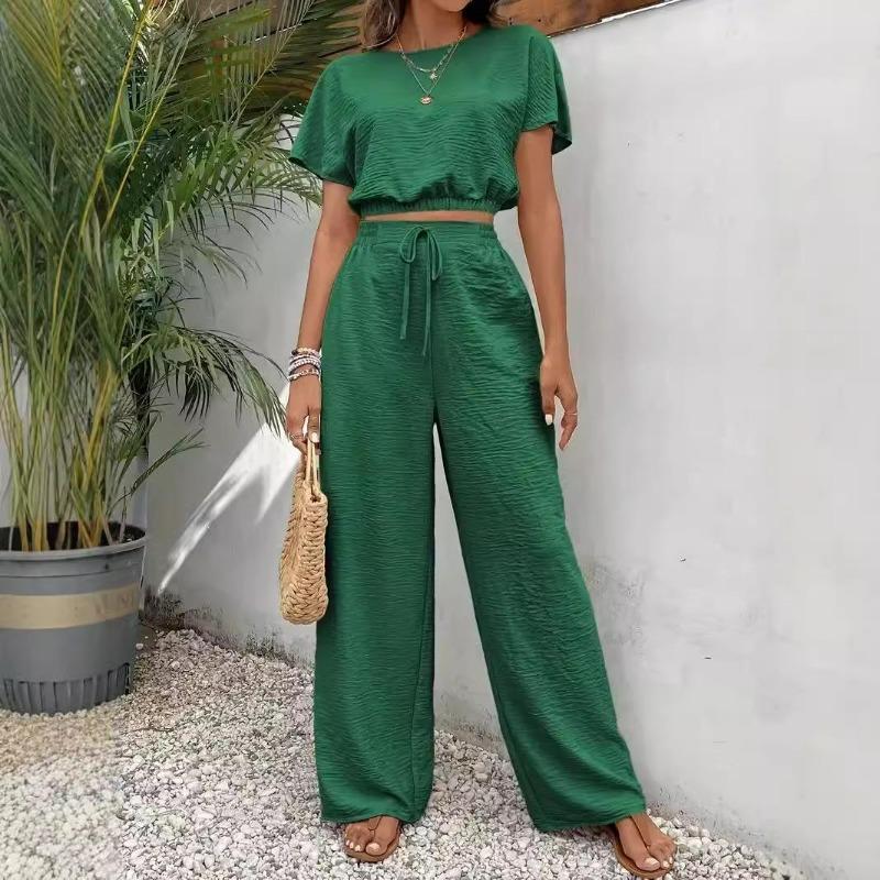 Women's 2 Piece Outfit Short Sleeve Top and High Waist Wide Leg Pants Casual Summer Lounge Set