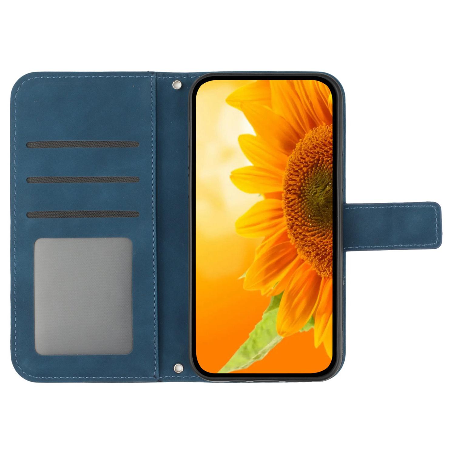 

HT04 For iPhone 16 Pro Max Leather Case Sunflower Phone Wallet Cover with Shoulder Strap Dark Blue