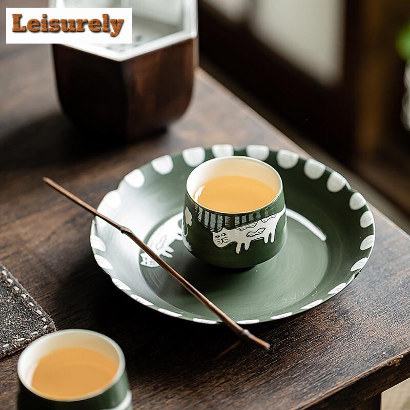 2pc/set Japanese Powder Yin Olive Green Teacup Handpainted Cat Jade Standing Cup Small Single Master Cup Mug Kung Fu Teaset 60ml
