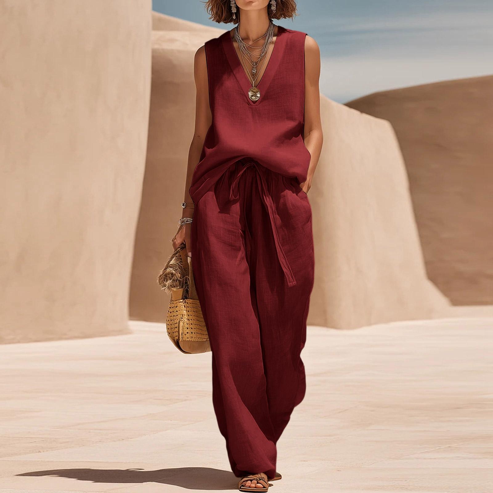 

Women Sleeveless V Neck Loose Fit Pullover Top High Waist Wide Leg Pants Set Casual Two Piece Outfit XL винний