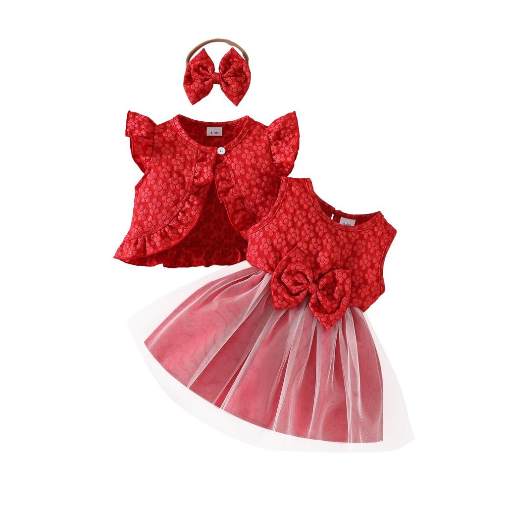 Baby Girl Summer Sleeveless Ruffled Jacket & Bow Mesh Dress with Headband Set