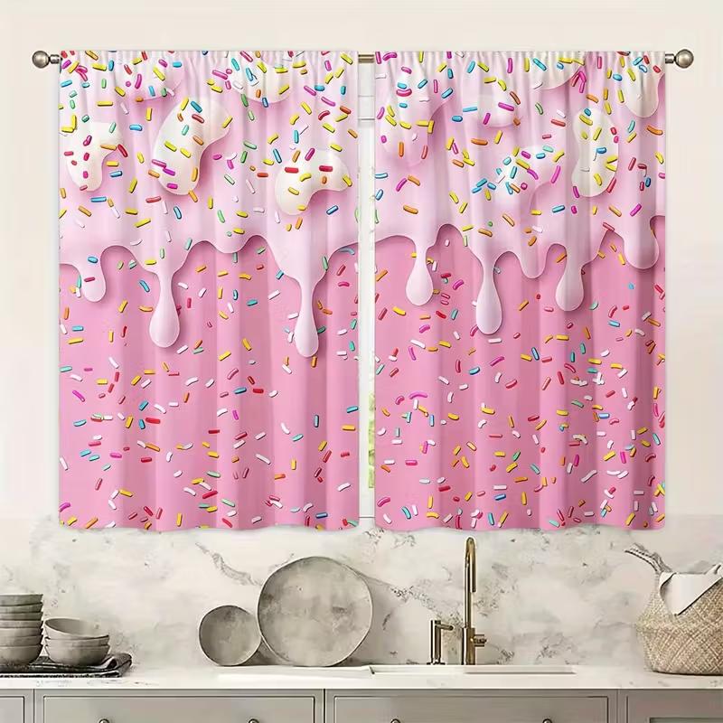2pcs Cute Pink Dripping Frosting & Colorful Sprinkles Pattern Curtains Designed for Light Blocking Premium Material Suitable